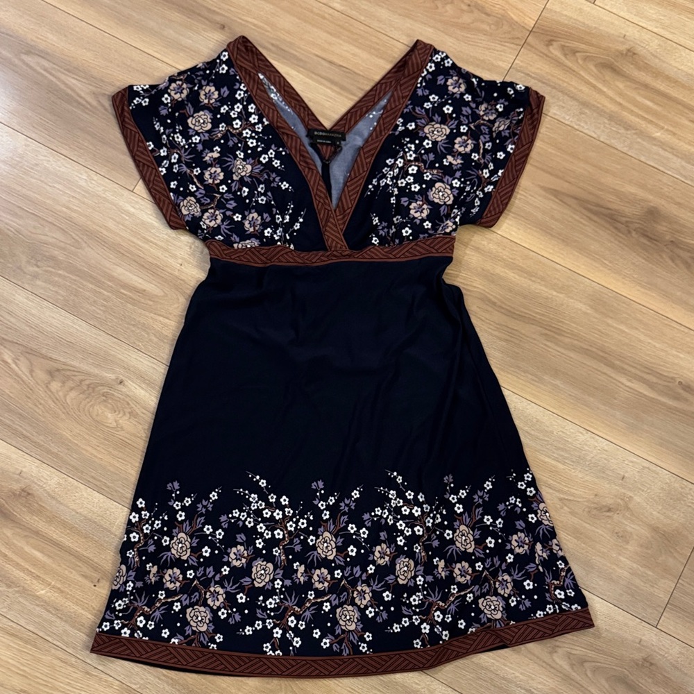 BCBGMaxAzria Navy and Brown Floral Midi Dress